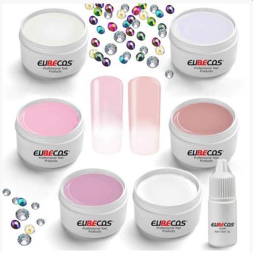 6x 5ml BABY-BOOMER GLAMOUR UV-GEL-SET mit 50 x Strass-Steinchen und Nagelkleber 3g